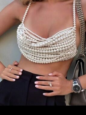 Pearl Beaded Crop Top - White